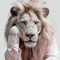 頬杖をついて威嚇するライオン。パワハラ上司や高圧的な態度のイメージ