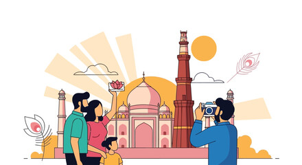 A family of tourists poses for a photo in front of iconic Indian landmarks like the Taj Mahal and Qutub Minar, with a peacock feather motif.