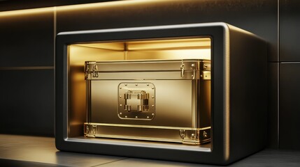 Obraz premium A gleaming gold safe containing a metallic storage box with high-tech features and bright lighting