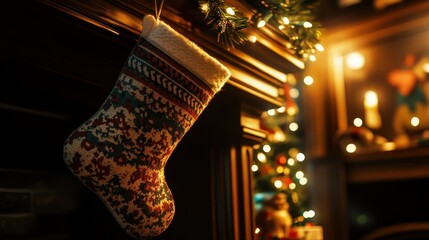 A patterned Christmas stocking hangs by a festive fireplace with warm lights