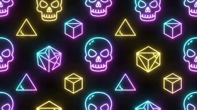 Seamless repeating neon line art skull icons combined with geometric shapes on dark background, modern halloween design loop.