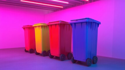 A row of colorful modern waste management bins under vibrant neon lighting.