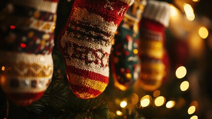 A Row of Colorful Knitted Christmas Stockings Hanging Near Festive Lights