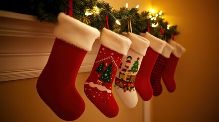 A Row of Festive Christmas Stockings Decorated with Cozy Designs Hanging from a Garland