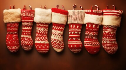 A Row of Festive Knitted Christmas Stockings with Cozy Designs and Warm Patterns Hanging Together