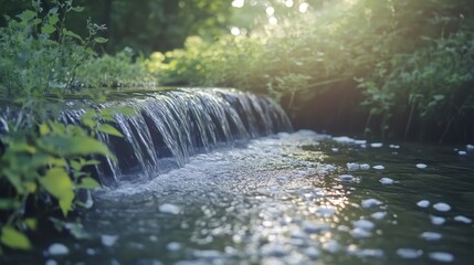 A serene natural waterfall cascading gently into a peaceful forest stream bathed in soft sunlight