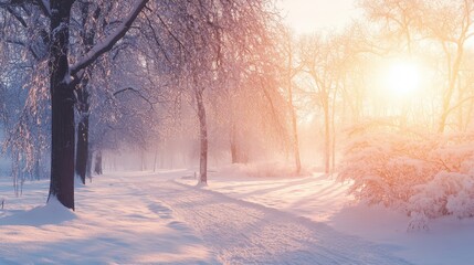 A Serene Snowy Park Scene Bathed in Golden Morning Sunlight