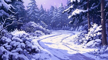 A serene winter forest landscape with a snow covered road winding through trees under falling snow