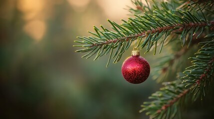 A Single Red Christmas Ornament Hanging on a Pine Branch with Soft Bokeh Background