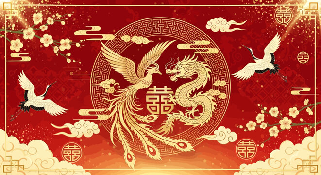 Auspicious Chinese Dragon and Phoenix with Cranes and Plum Blossoms