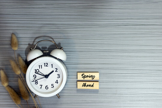 Spring Ahead Daylight saving time concept with sunflowers alarm clock copy space