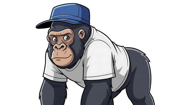 Animated gorilla in hat and shirt, standing, looking forward, white background
