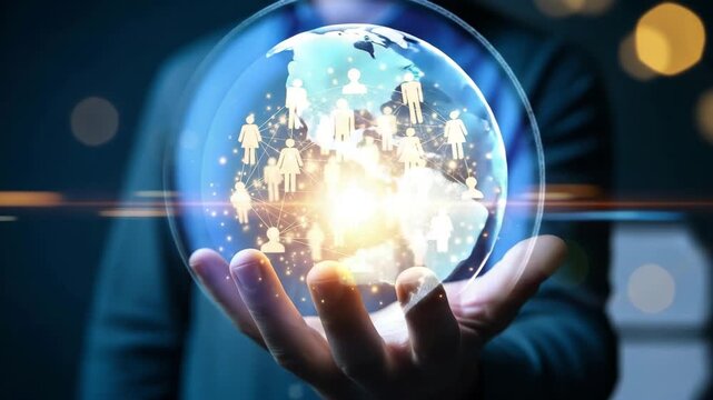 A person holding a holographic network of interconnected people motion animated video 4k.