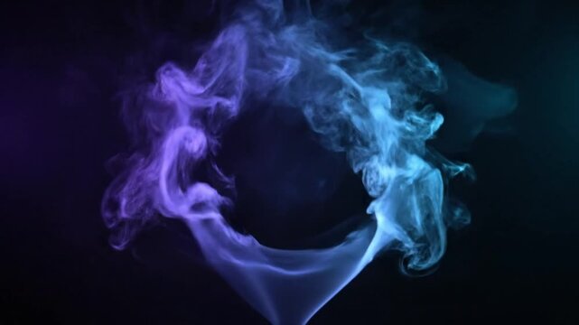 Abstract swirling purple and blue smoke forms a circular frame against a dark background, creating an ethereal and mysterious atmosphere.