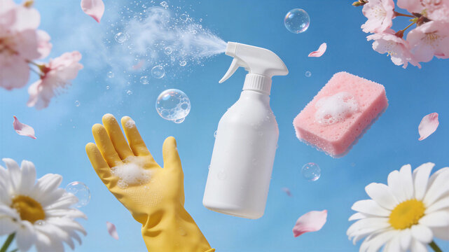 Hand in yellow glove spraying white cleaner bottle with pink sponge and floating bubbles. Spring equinox cleaning concept featuring cherry blossoms and daisies for seasonal refresh and renewal