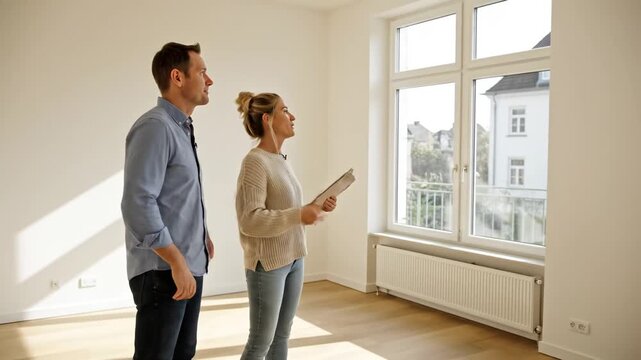 Man and woman stand together in empty sunlit room, real estate purchase process , property buying decisions highlighted. Real estate, apartment viewing shown through couple&rsquo;s home investment journey.