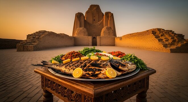 Grilled Iraqi Masgouf fish on wooden table in front of Ziggurat of Ur at golden hour