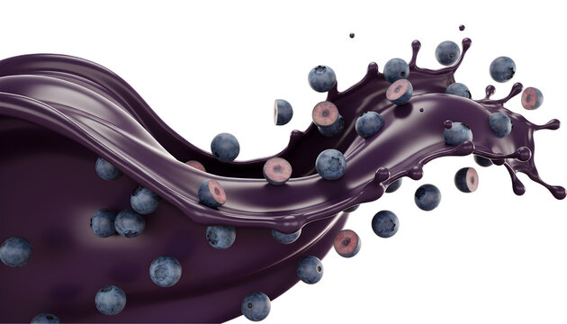 Dynamic splash of dark purple blueberry juice with fresh berries isolated on transparent background
