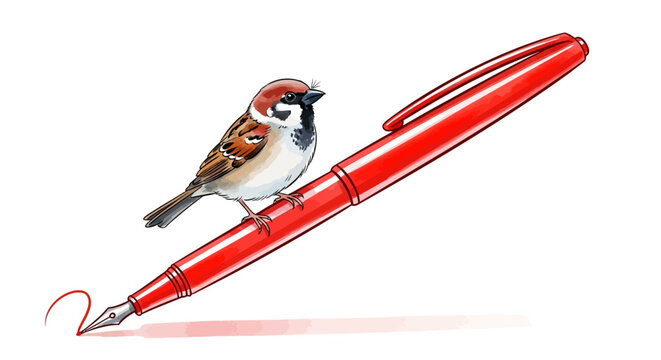 A cute sparrow perches on a red fount.ain pen that draws a line.