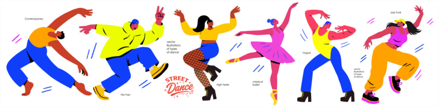 Dance and dancing people. Modern isolated vector illustrations of dance styles: contemporary, hip-hop, breakdance, high heels, classical ballet, vogue, and jazz funk on a transparent background 
