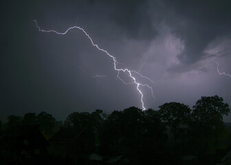 Bright lightning bolt striking through dark night sky over forest silhouette.