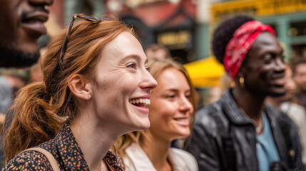 Obraz premium A group of diverse friends laugh and enjoy a vibrant city street scene, watching an outdoor event together. Warm expressions and lively urban atmosphere capture friendship, joy, and community spirit.