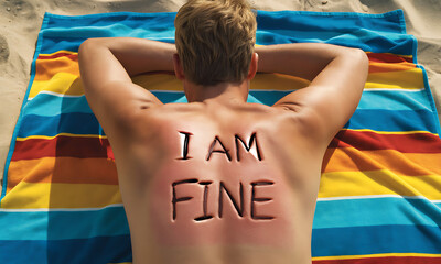 Sunburned man with 'I AM FINE' carved into his red skin lying on a beach towel, highlighting pain and discomfort despite the words