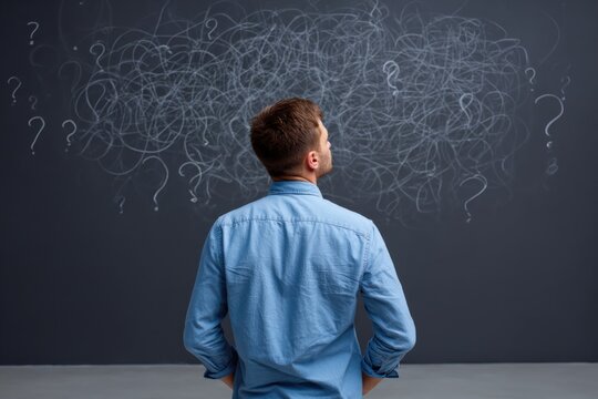 Young caucasian male facing chalkboard with confusing scribbles and question marks