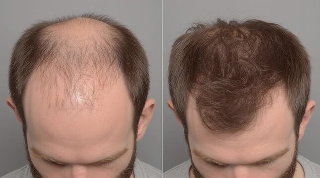 Hair Restoration Comparison: The before-and-after of a man's journey to reclaim his youthful appearance, showcasing a full head of hair, with noticeable improvement. 