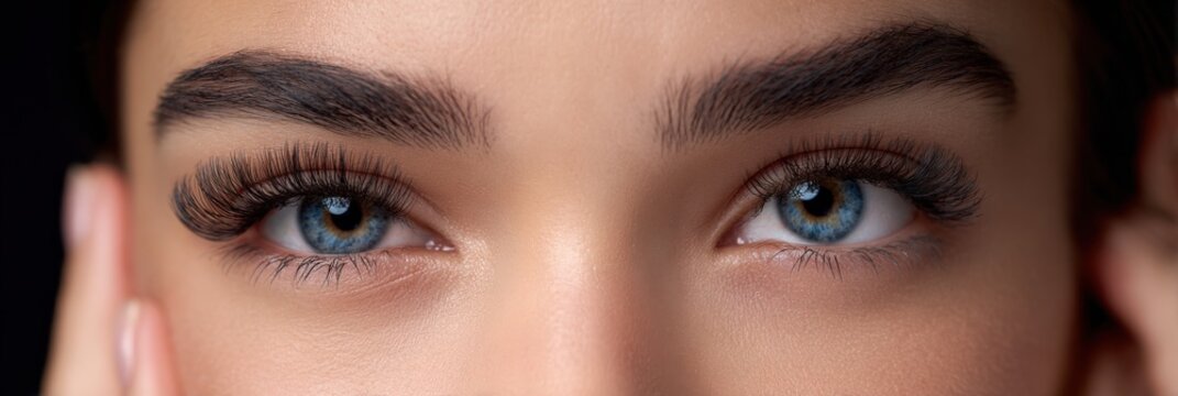 Close-up of young female with blue eyes and thick eyebrows