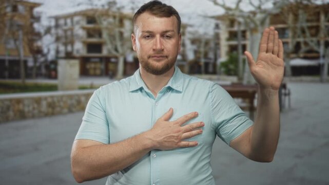 Young caucasian overweight man with hand on chest and raised palm standing in a street plaza in front of buildings and bare trees; respect sincerity.