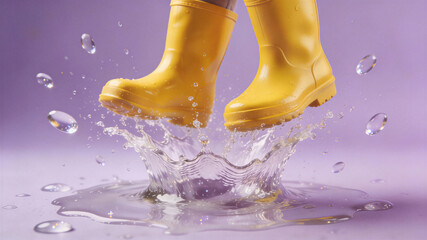 Yellow rain boots splashing through spring puddles. Joyful equinox weather and renewal concept. Purple background illustration for seasonal nature and outdoor themes