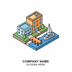 Fototapeta premium Isometric illustration of a modern office complex with a marina and sailboat.