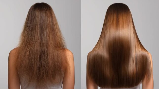 Hair Transformation: A before-and-after shot showcases the remarkable transition of hair, moving from a tangled and damaged state to a lustrous and revitalized look. 