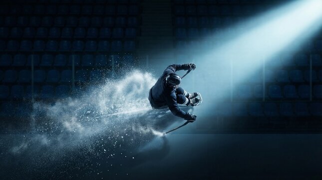 Paralympic ice hockey player in adaptive sled navigating icy terrain, intense action captured from a dynamic low-angle viewpoint.