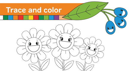 Naklejka premium Trace and color the smiling cartoon flowers worksheet activity.