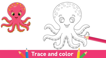 Fototapeta premium Coloring page octopus design features a finished example.