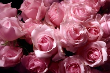 Fototapeta premium Close-up view of a bouquet of pink roses with soft petals and delicate layers, showcasing their natural beauty against a dark background