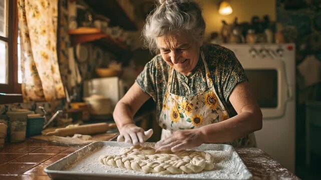 Elderly woman braids dough carefully. Floury hands shape pastry. Grandmother bakes in rustic kitchen. Traditional homemade bread on tray. Cozy country home atmosphere.