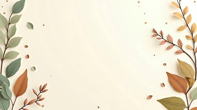 A delicate floral border design with autumn-toned leaves and subtle scattered elements on a cream background