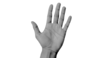 Halftone Dotted Raised Open Palm Hand Vector Illustration Black and White