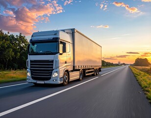 Truck Moves Along Highway at Sunset With Clear Skies and Open Road
