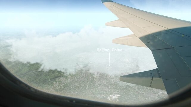 Airplane Flying over Beijing, China and Clouds. Aerial Airplane scenes. Jet Flying Over City. Aerial City Animation, Vox Style Map Animation 4K