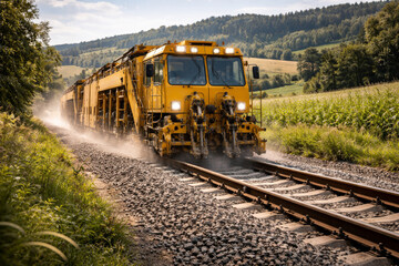 Obraz premium Yellow train machinery working on railway tracks in countryside