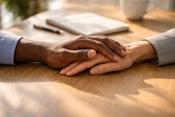 Hands of two individuals symbolizing connection on wooden table