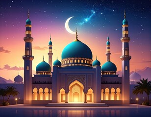 Premium Ramadan Backgrounds for Fintech With a Mosque at Sunset in the Background