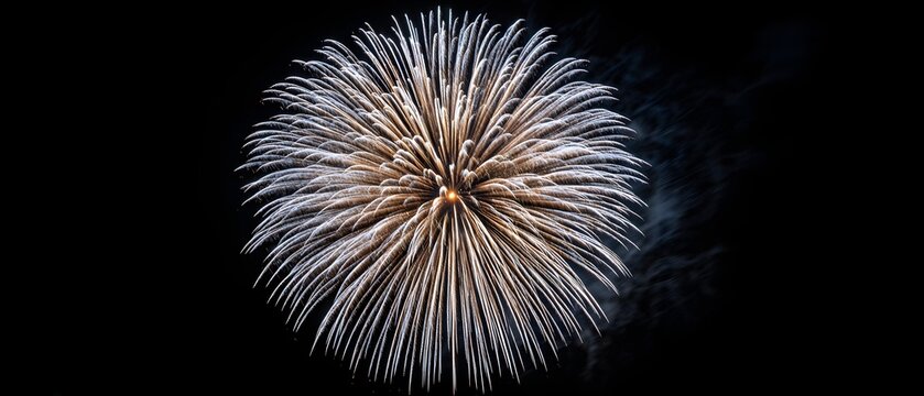 A white and gold firework bursts brightly against a dark night sky