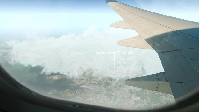 Airplane Flying over Seoul, South Korea and Clouds. Aerial Airplane scenes. Jet Flying Over City. Aerial City Animation, Vox Style Map Animation 4K