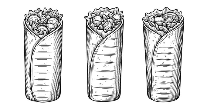 Hand-drawn black and white burritos: three varieties with vegetables and lettuce
