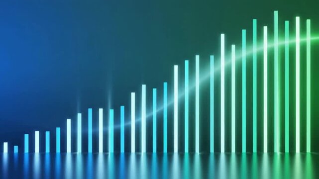 Glowing neon bar graph displaying upward trend data visualization for financial success and business growth analysis